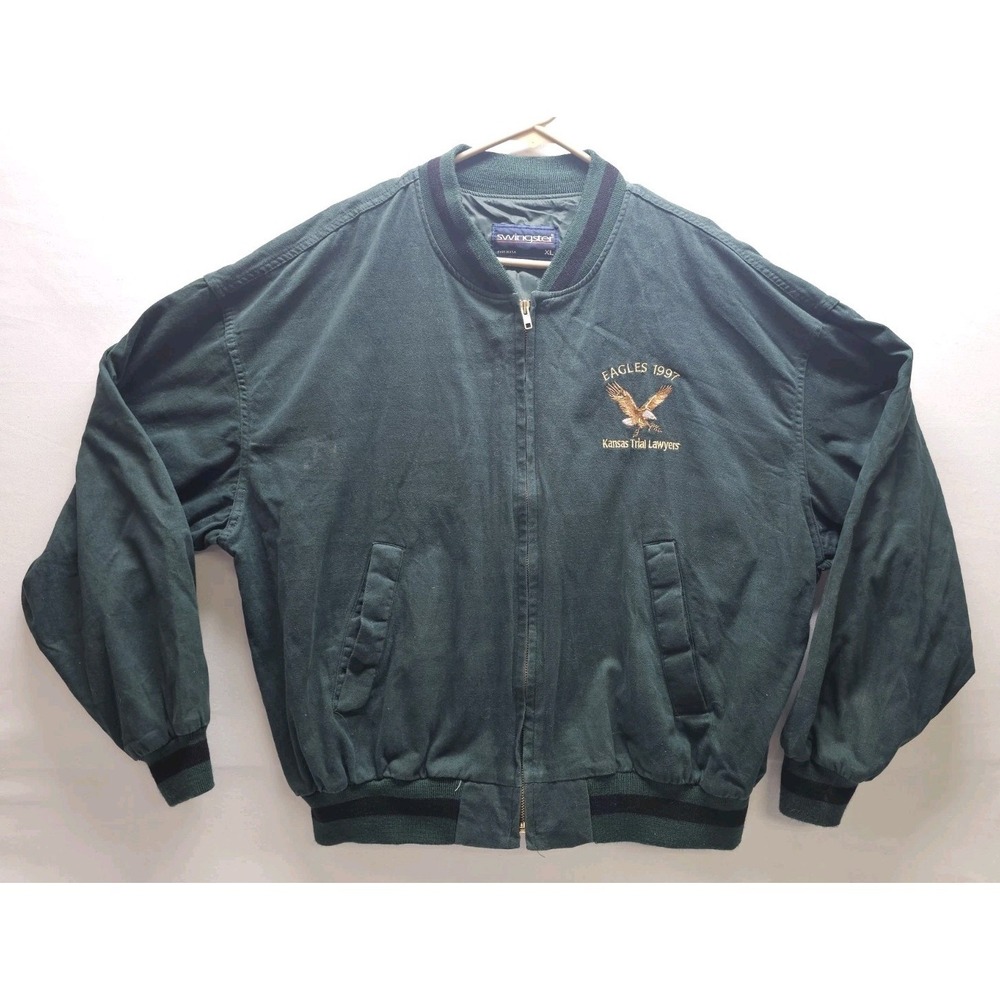VTG Swingster Bomber Jacket XL Forest Green Eagles 1997 Kansas Trial Lawyers